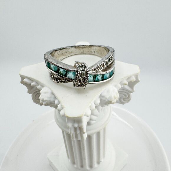 Vintage Silver Tone Bow Ring Green Glass & Marcasite Art Deco Style Glam Retro - Picture 5 of 10